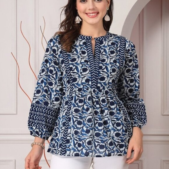 Women’s Navy Blue Floral Cotton Top with Mandarin Collar & Puff 3/4 Sleeves - Picture 1 of 6